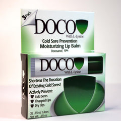 DOCO DocoShield lip balm 3-pack on the shelf, value and protection for daily use.