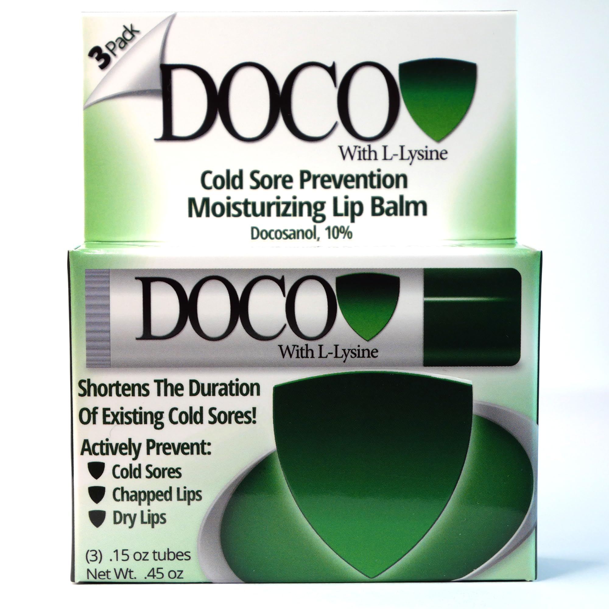DOCO DocoShield packaged promo highlighting docosanol and lysine support for lips.