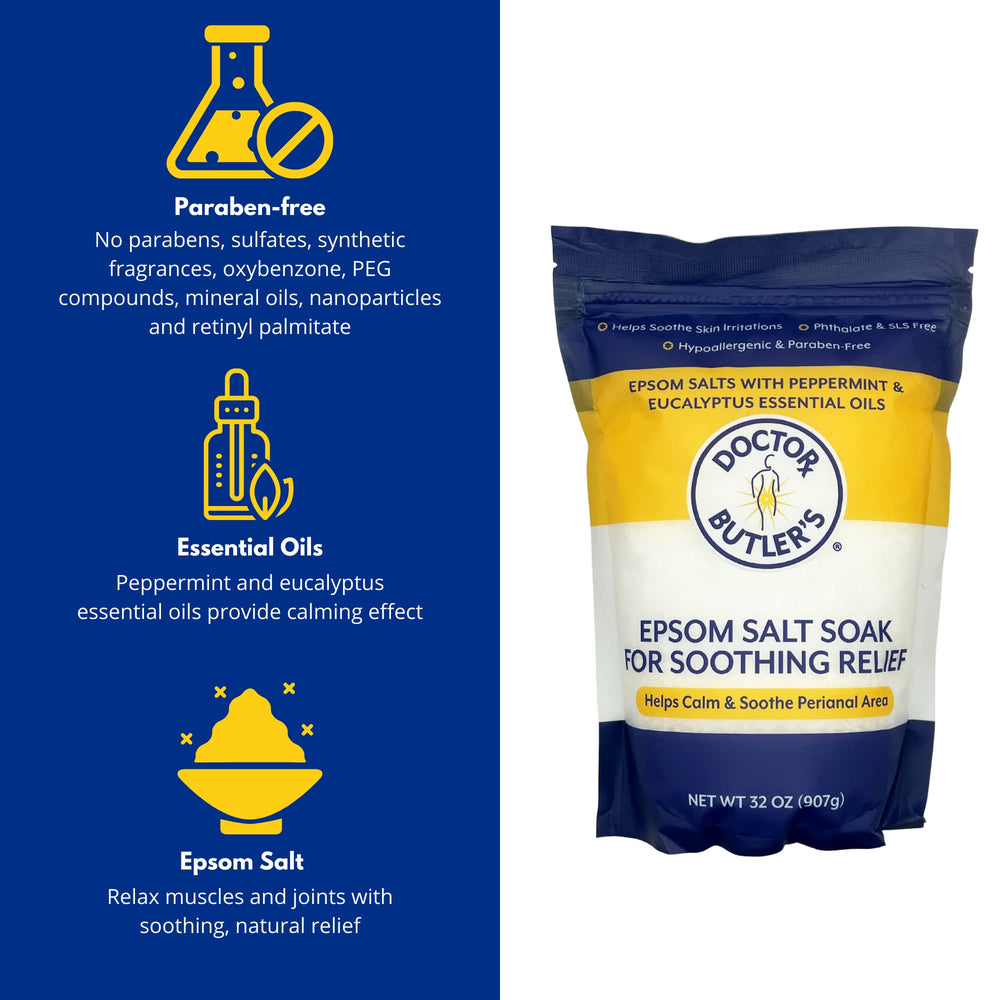 Doctor Butler's Epsom Sitz Bath salts packaging on display for quick relief sessions.