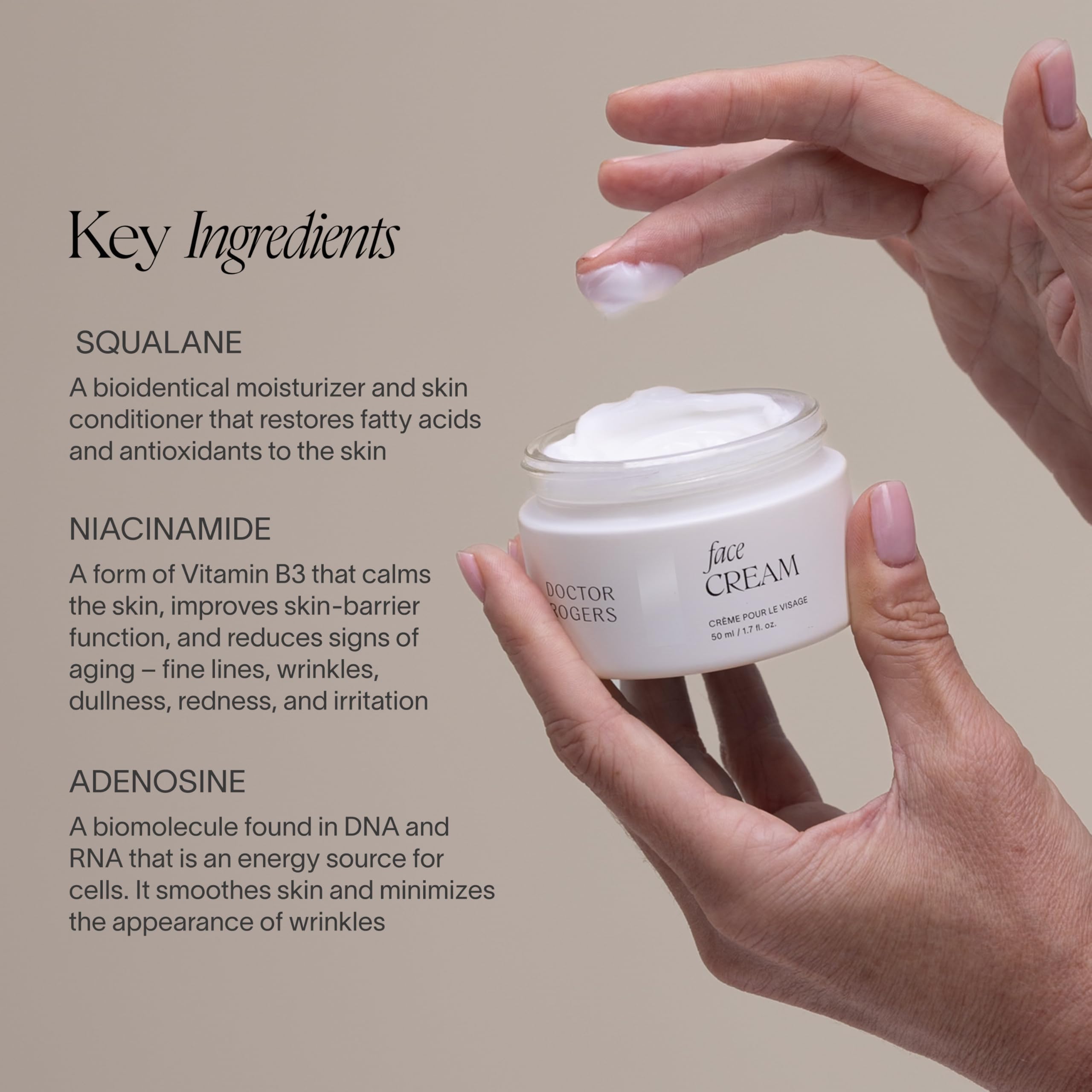 Doctor Rogers Restore face cream jar open reveals creamy texture ideal for calm, nourished skin.