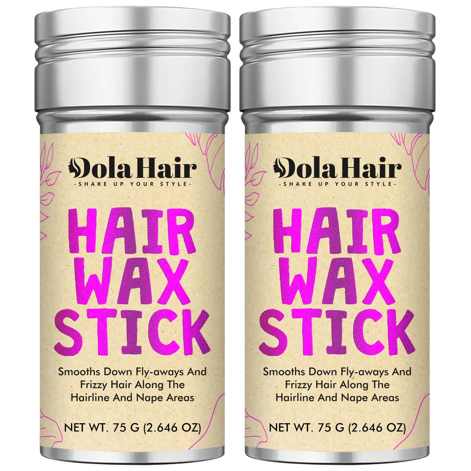 Dolahair hair wax stick 2-pack packaging highlights easy flyaway control.