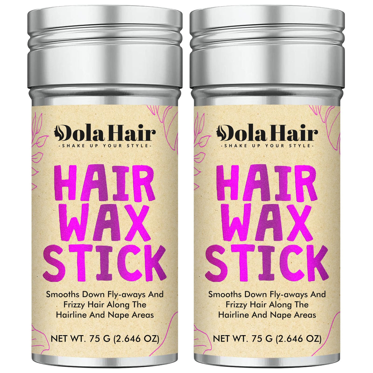 Dolahair hair wax stick 2-pack packaging highlights easy flyaway control.