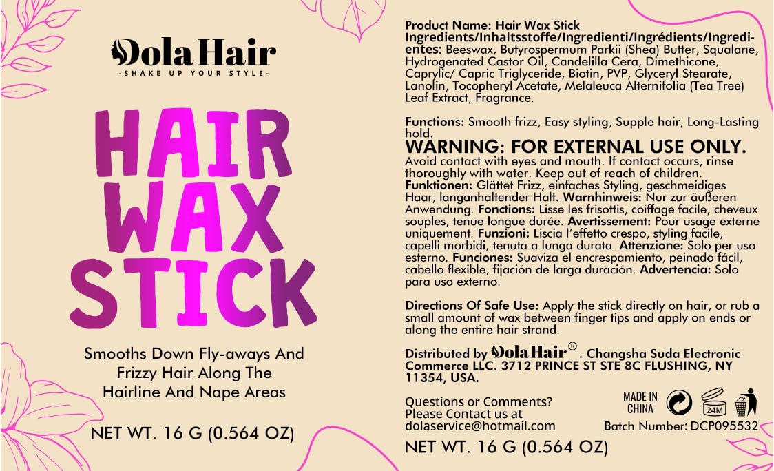 Dolahair wax stick labeling emphasizes easy, mess-free styling.