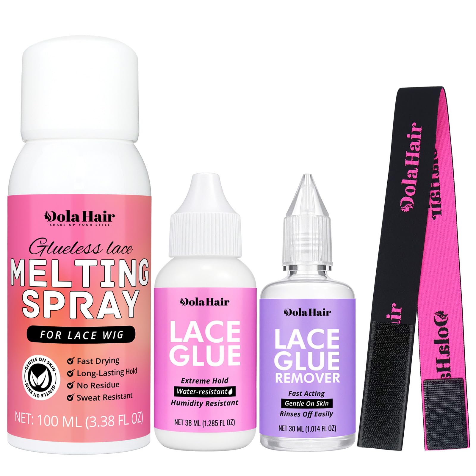 Dolahair lace melting spray bottle provides secure lace wig install with natural finish.