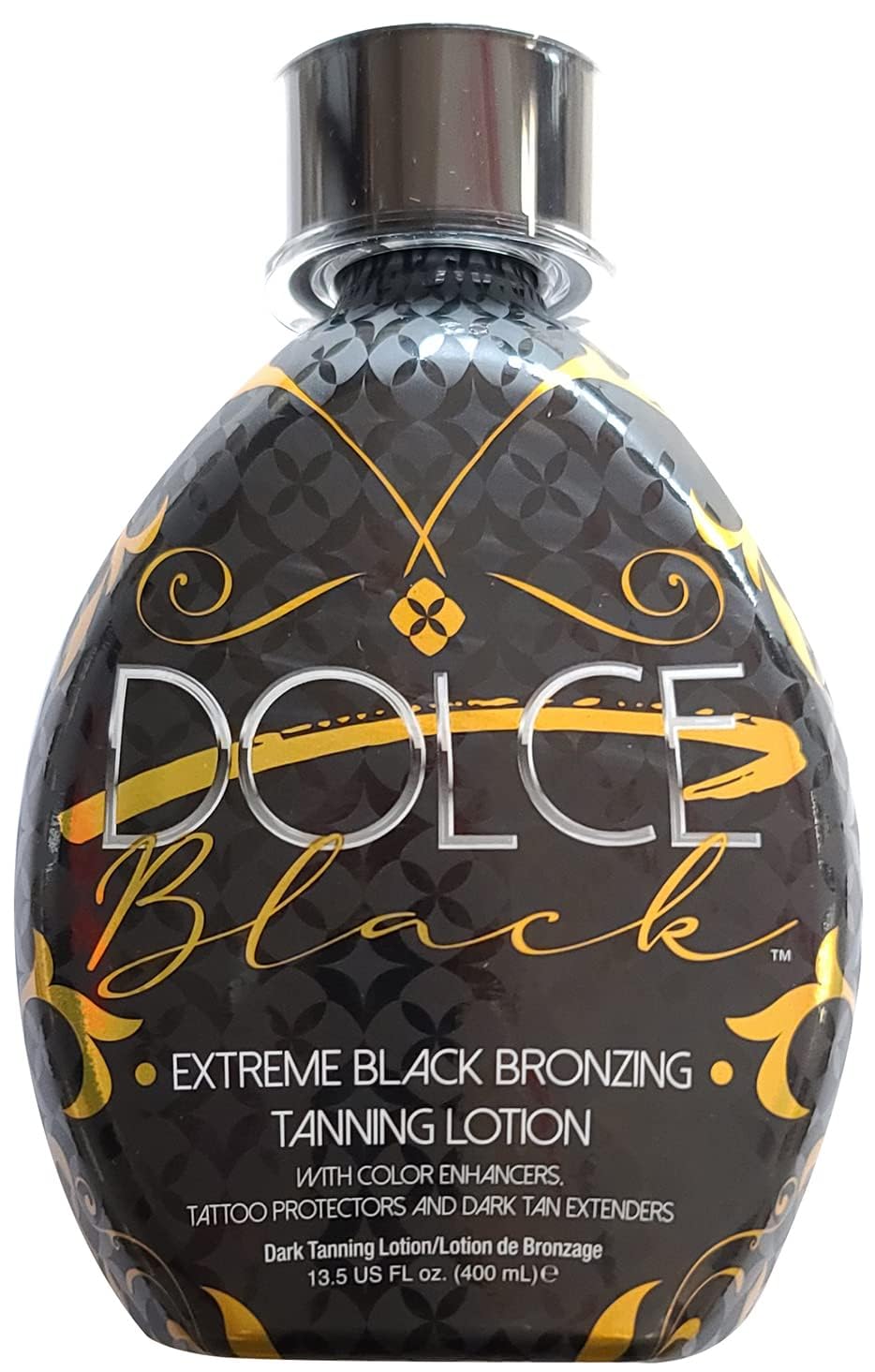 Dolce Black Bronzer lotion in hand for a smooth indoor tanning result.