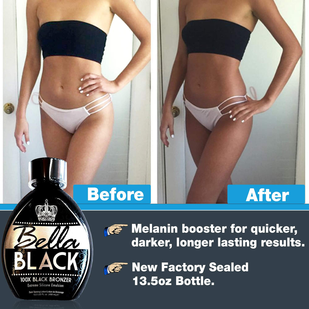 Shrink-wrapped Bella Black 100X bottle signaling safety