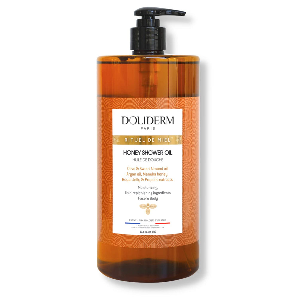 Doliderm Paris Rituel de Miel bottle shows hydrating honey shower oil.
