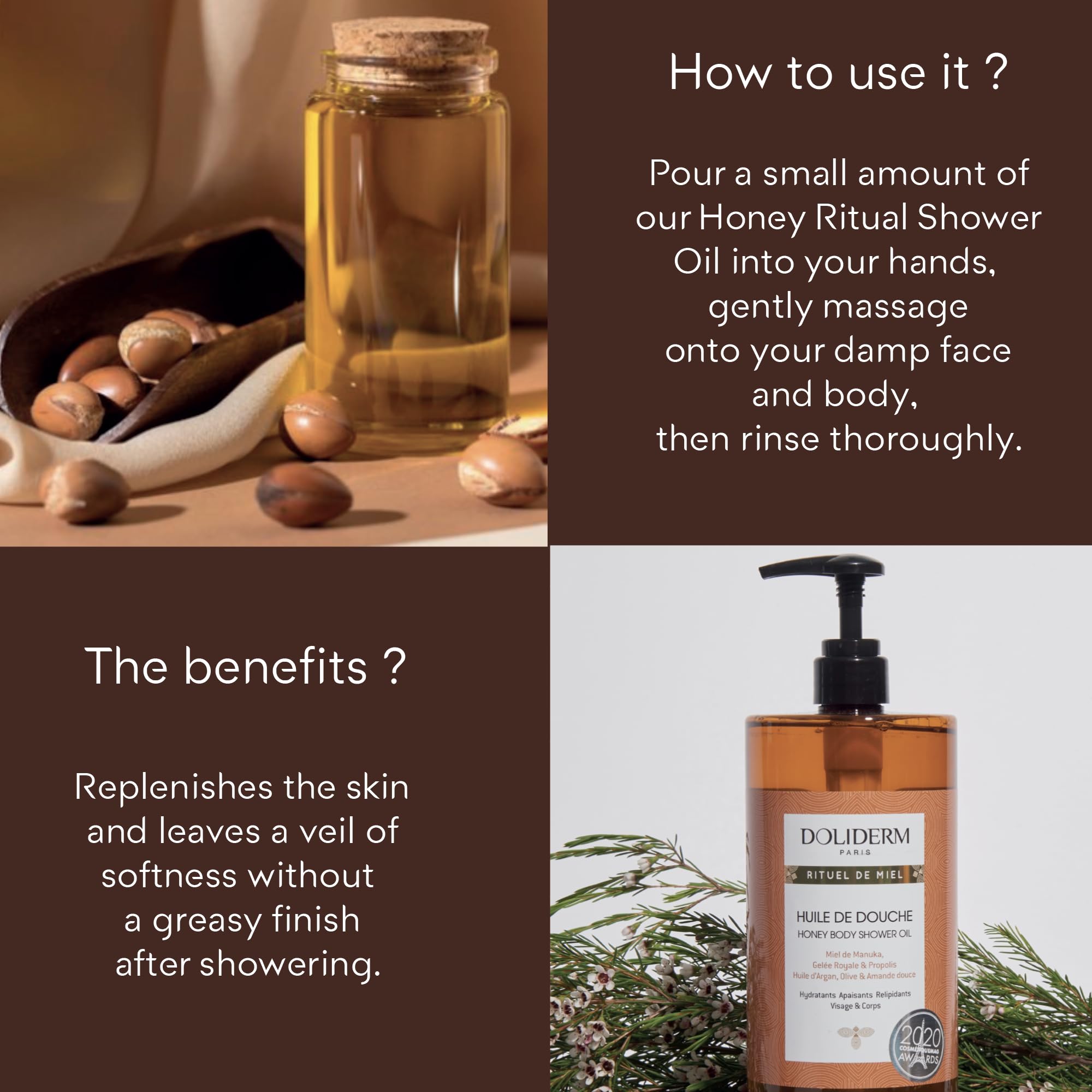 Doliderm Rituel de Miel fragrant honey scent in steam-filled shower.