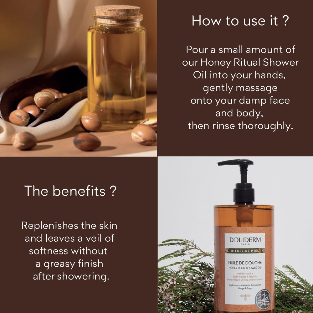 Doliderm Rituel de Miel fragrant honey scent in steam-filled shower.