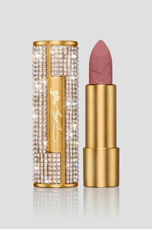 Dolly Beauty Heaven's Kiss lipstick in rhinestone-case showcases glamorous wear and satin finish