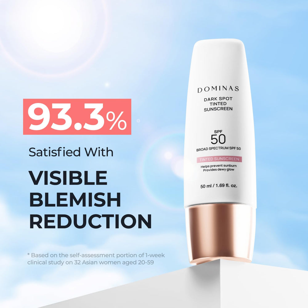 DOMINAS tinted sunscreen SPF 50 closeup demonstrates smooth, non-greasy finish on skin.