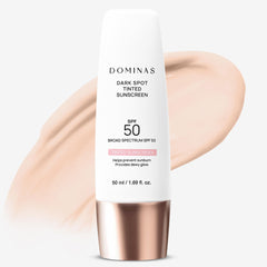 DOMINAS tinted sunscreen SPF 50 bottle front demonstrates everyday UV defense and subtle color.