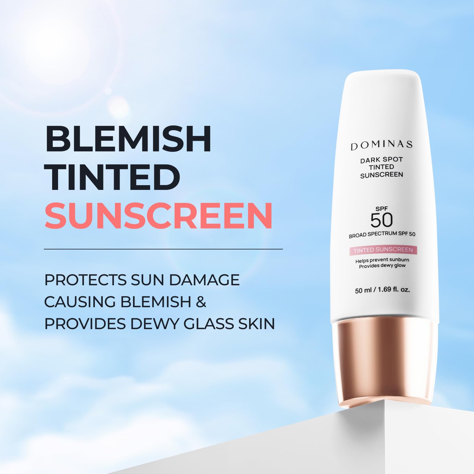 DOMINAS tinted sunscreen SPF 50 bottle-pump highlights easy application and lightweight coverage.