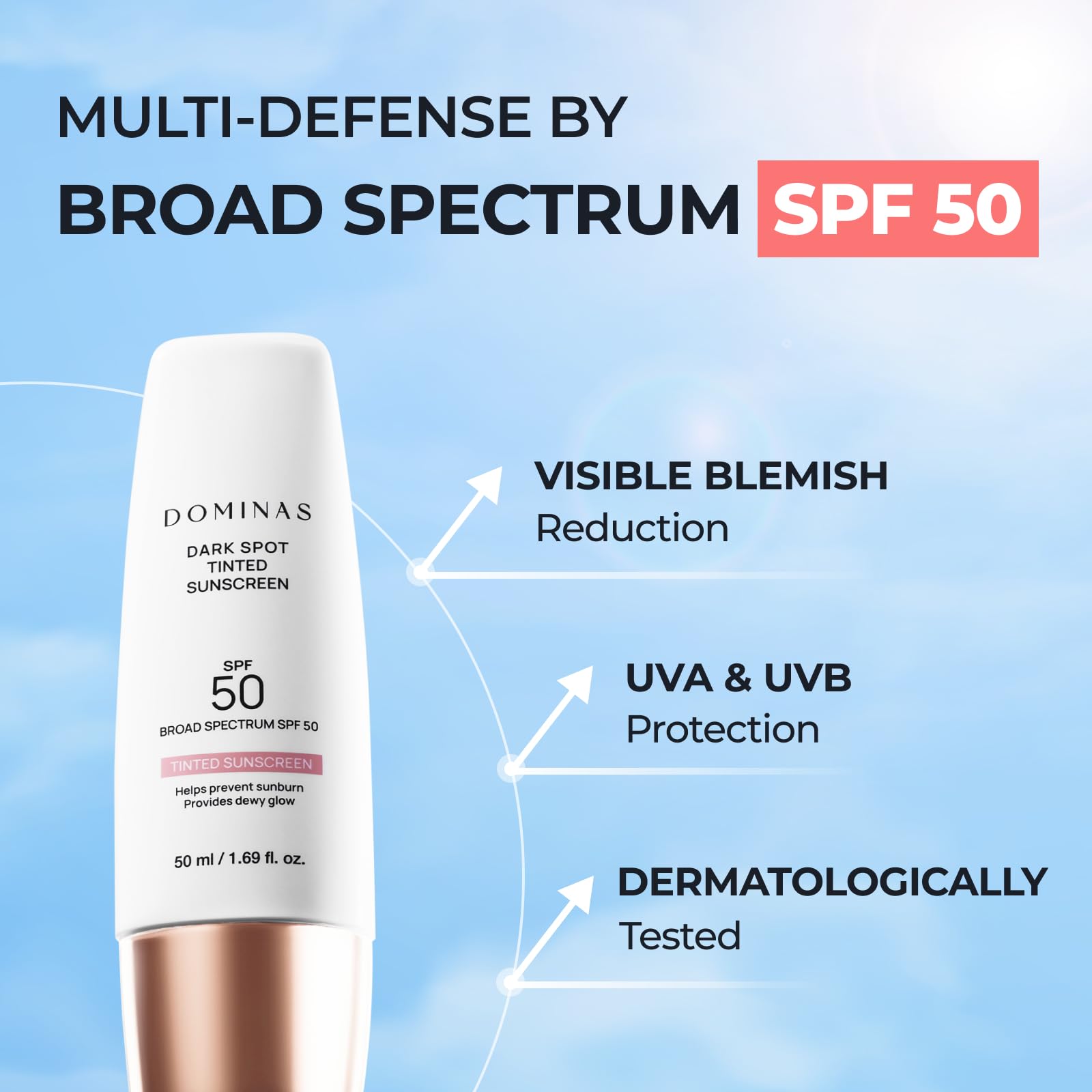 DOMINAS tinted sunscreen SPF 50 swatches reveal light coverage that even skin tone.