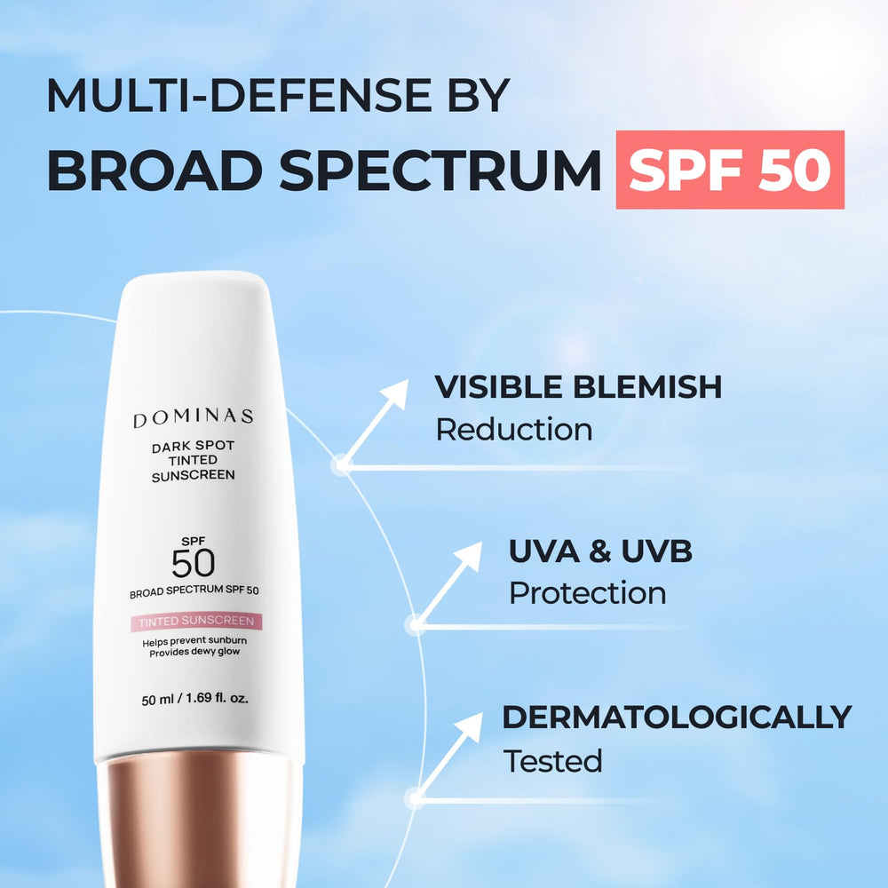 DOMINAS tinted sunscreen SPF 50 swatches reveal light coverage that even skin tone.