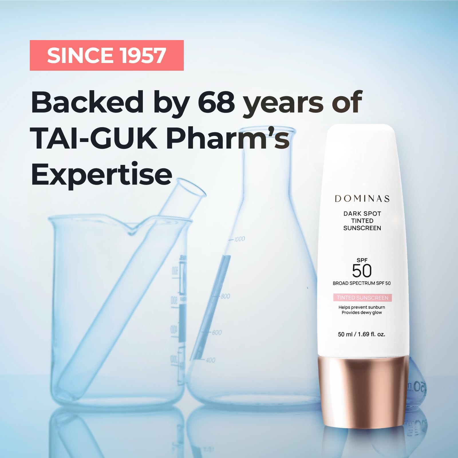 DOMINAS tinted sunscreen SPF 50 hand swirl shows natural tint blending for a flawless complexion.