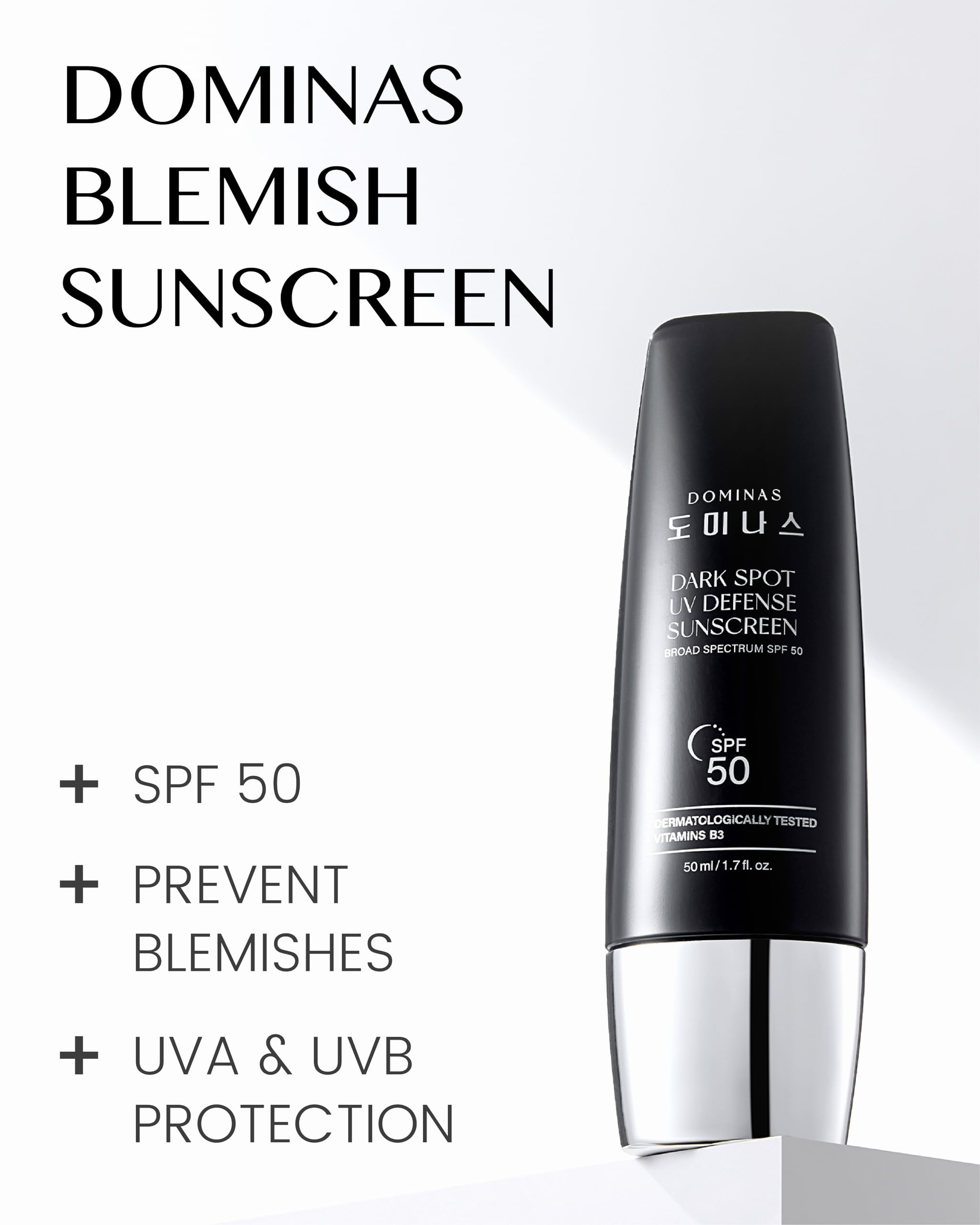 DOMINAS Tone-up Sunscreen SPF50 broad-spectrum label swatch showing protection.