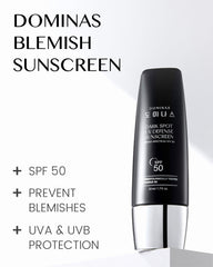 DOMINAS Tone-up Sunscreen SPF50 broad-spectrum label swatch showing protection.