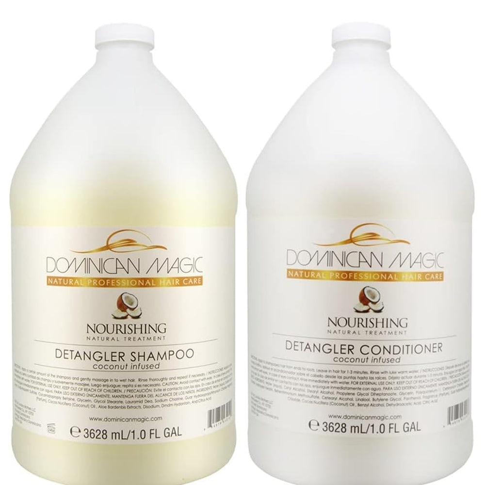 Dominican Magic Coconut Detangler Shampoo 1Gal bottle pour for hydrating dry hair.