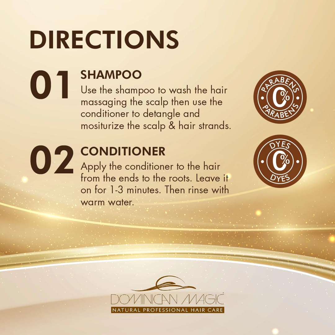 Dominican Magic Dry Hair care shot suggests reduced dryness and frizz control.