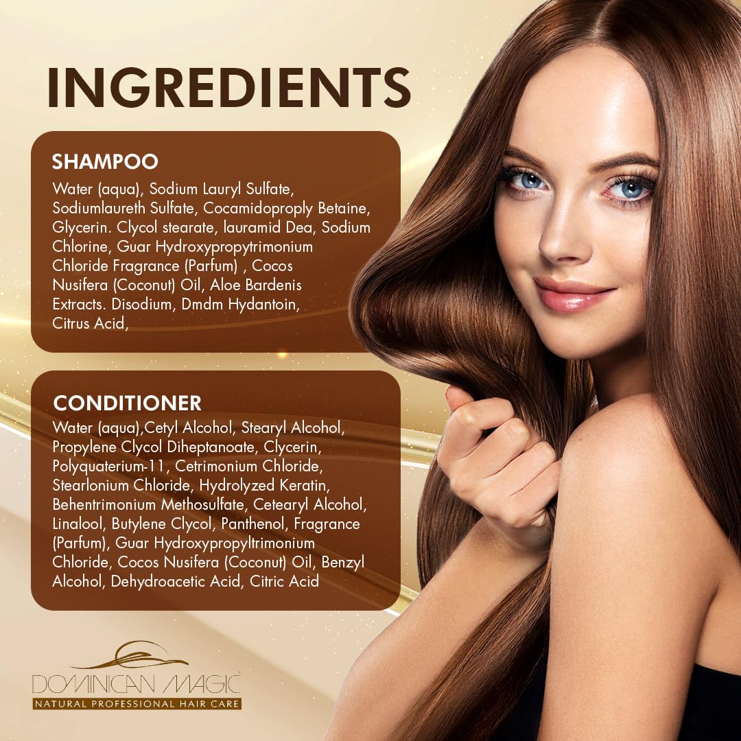 Dominican Magic hair-care-duo image implies soft, hydrated, manageable hair.
