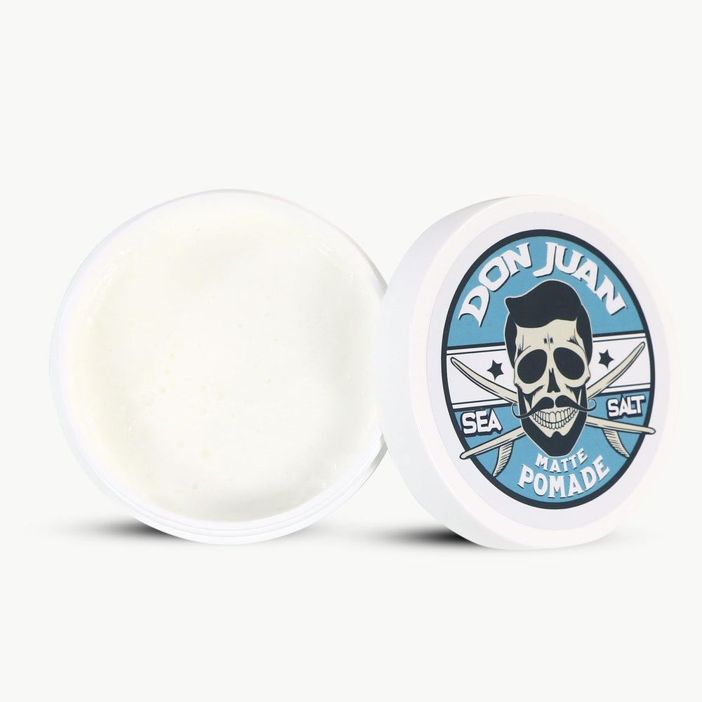 Don Juan Sea Salt Matte Pomade label close-up emphasizes surf wax scent