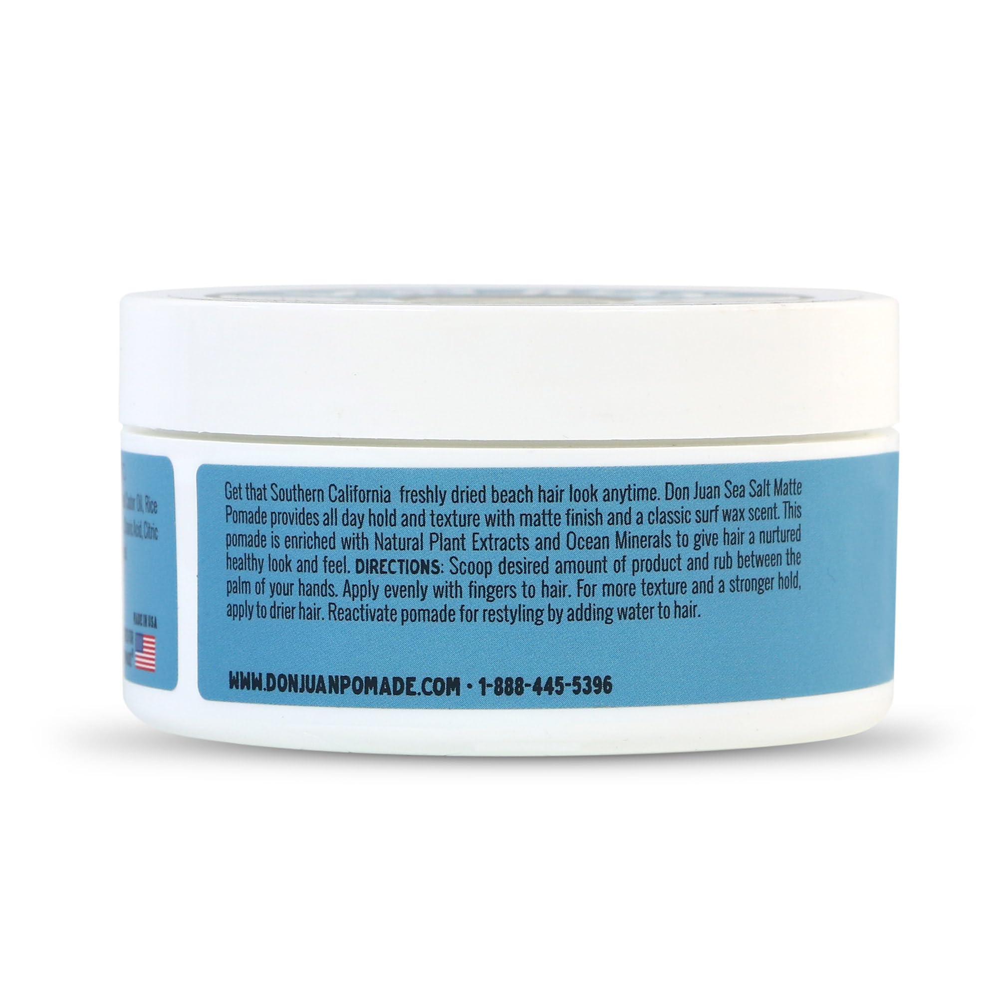Don Juan Sea Salt Matte Pomade lid open reveals accessible, easy-to-dispense product