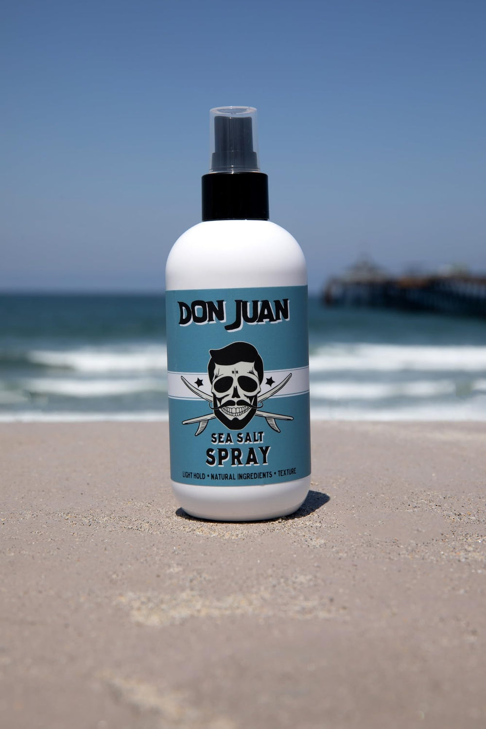 Don Juan sea salt spray with surf wax scent enhancing casual styling.