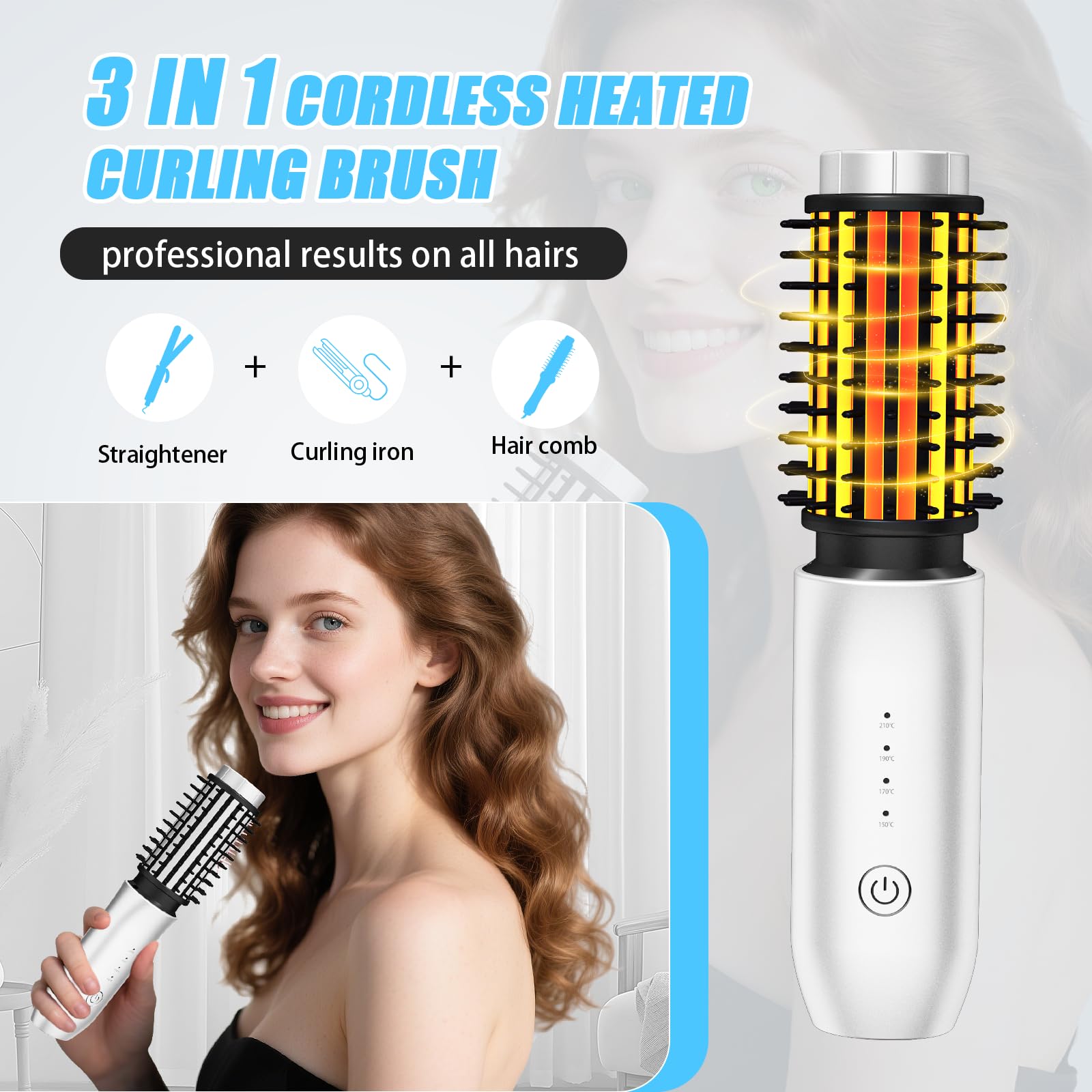 Dongxw cordless curling iron brush in use for quick on-the-go styling