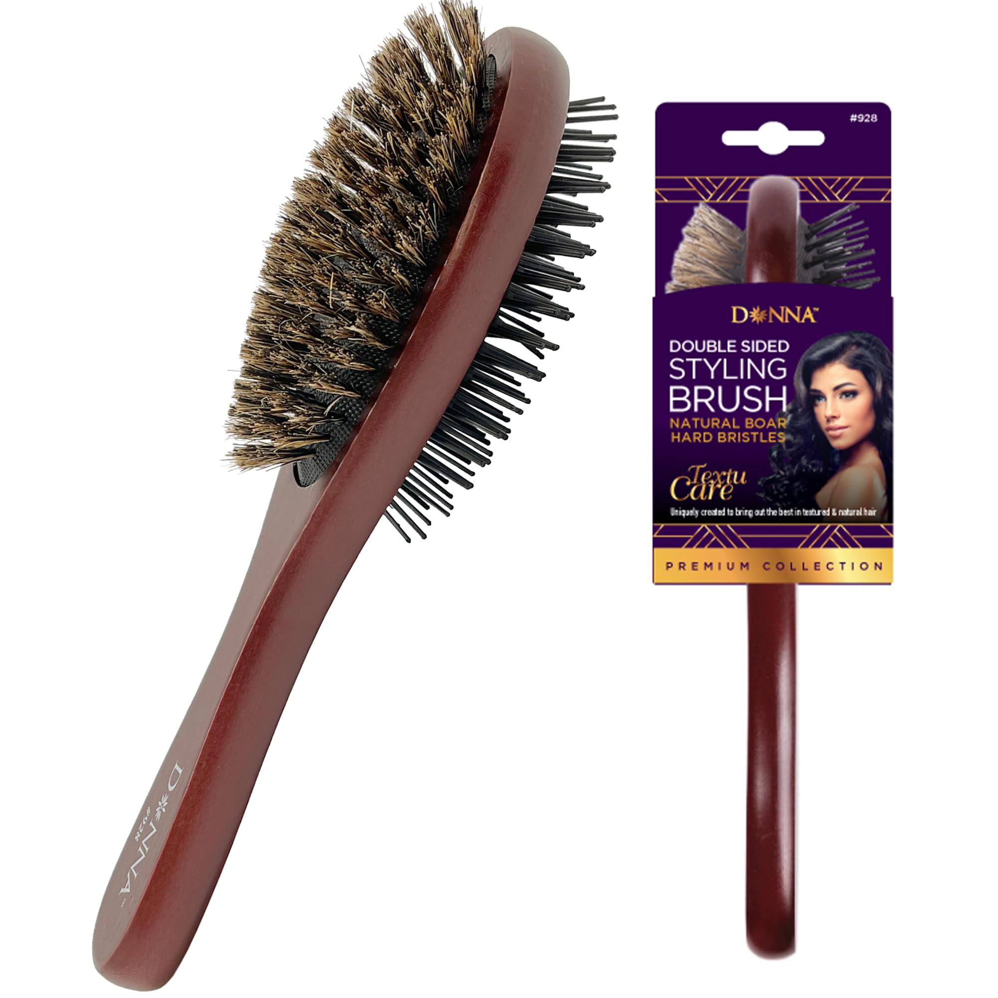 Donna double sided brush wooden handle close up showing dual sides for detangling and smoothing