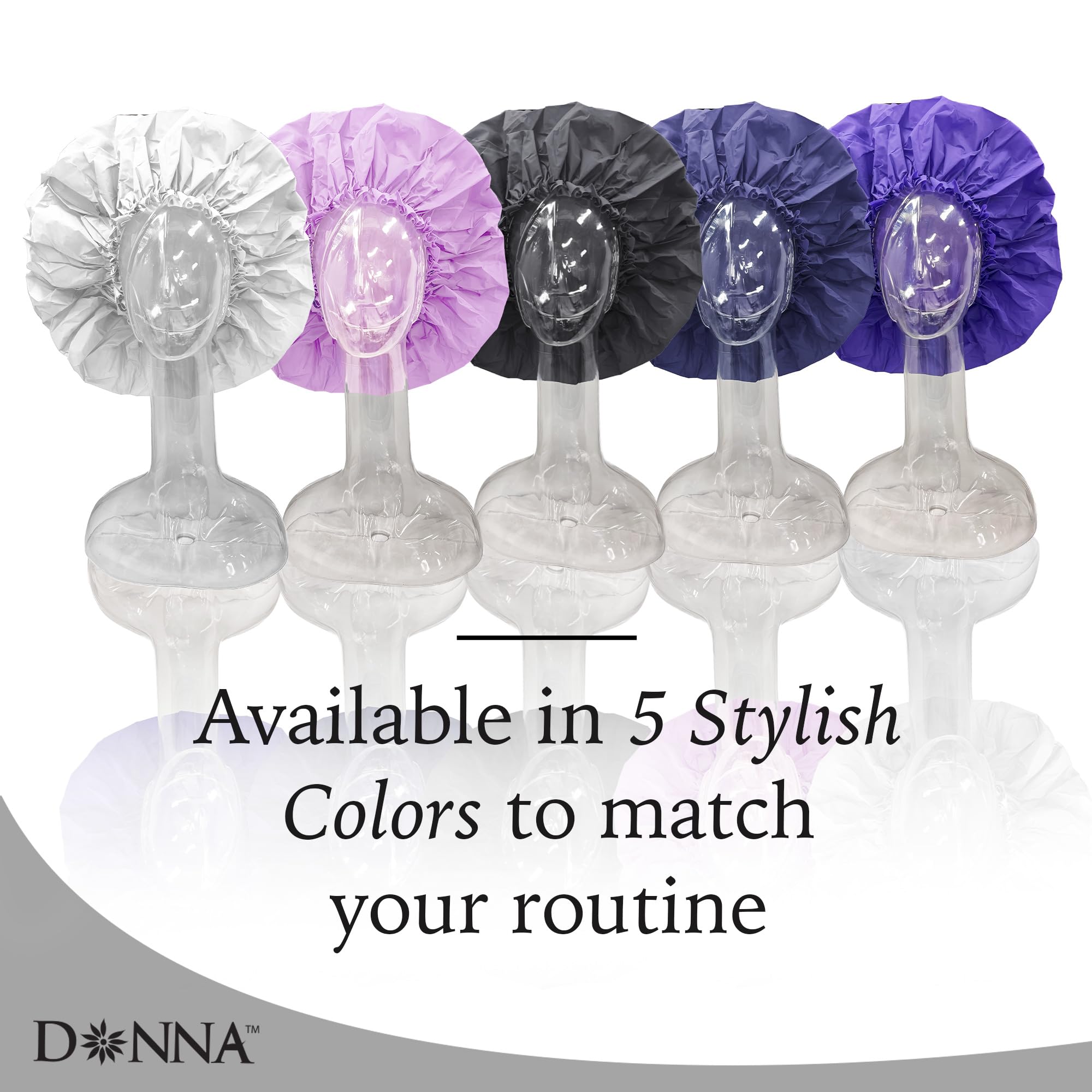 Donna shower cap shown in assorted colors for stylish protection