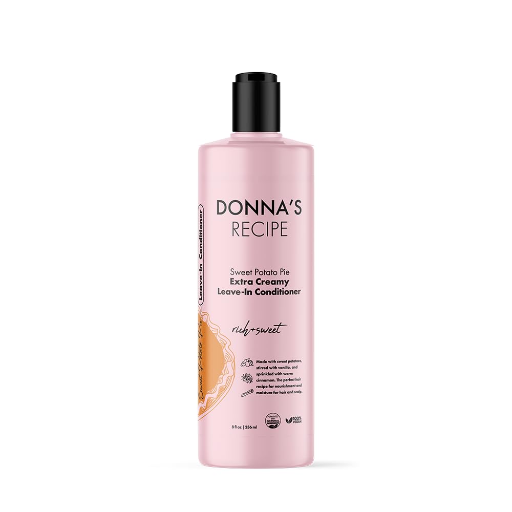 Donna's Recipe by Tabitha Brown leave-in bottle close-up for smooth, hydrated hair.