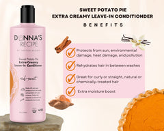 Donna's Recipe leave-in bottle highlights glossy shine on hair.