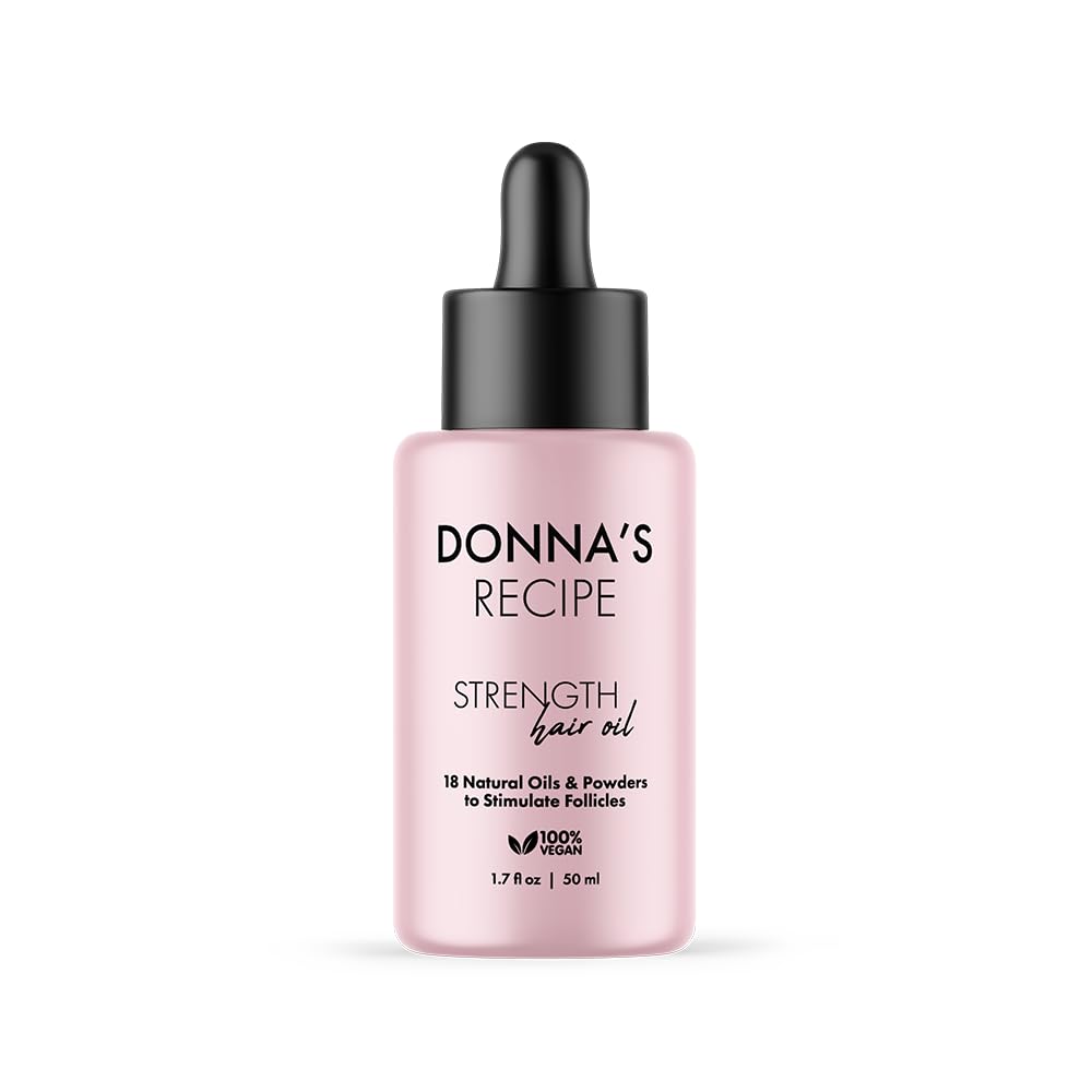 Donna's Recipe Strength Hair Oil bottle – lightweight, fast-absorbing scalp care.