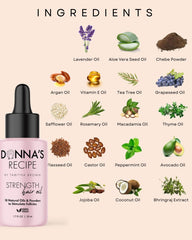 Donna's Recipe Strength Hair Oil on scalp – soothes dryness with gentle massage.