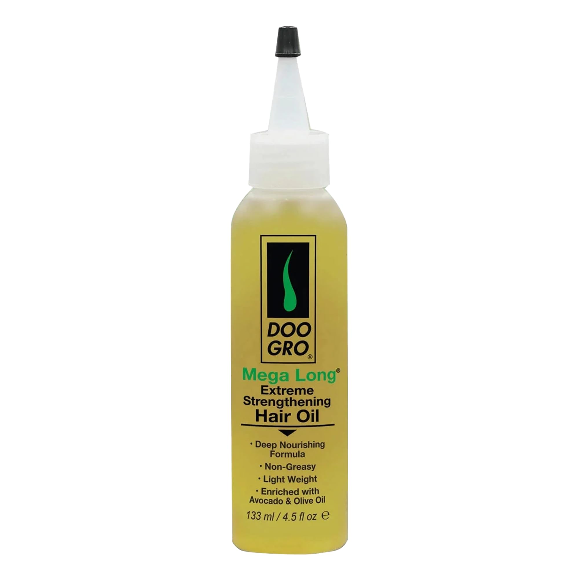 Doo Gro Mega Long Extreme Strengthening Oil bottle delivers lightweight hydration for damaged hair.