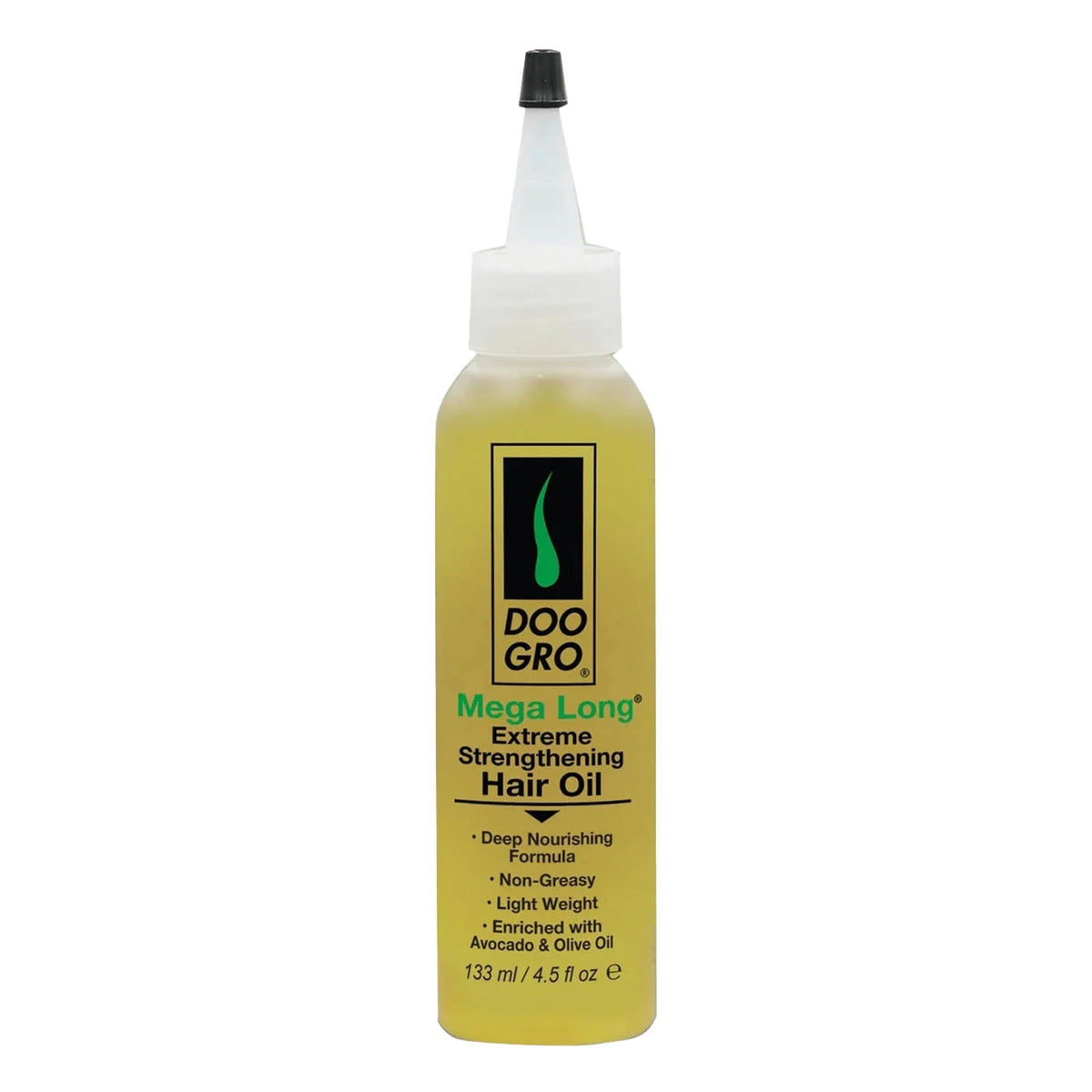 Doo Gro Mega Long Extreme Strengthening Oil bottle delivers lightweight hydration for damaged hair.