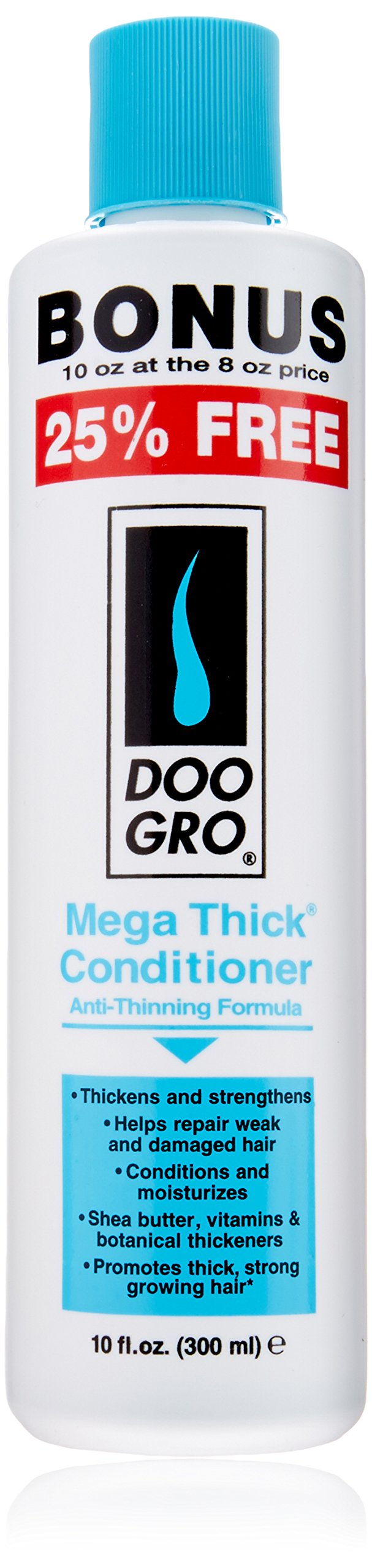 Doo Gro Mega Thick Conditioner bottle pour demonstrates thickening and conditioning benefits.