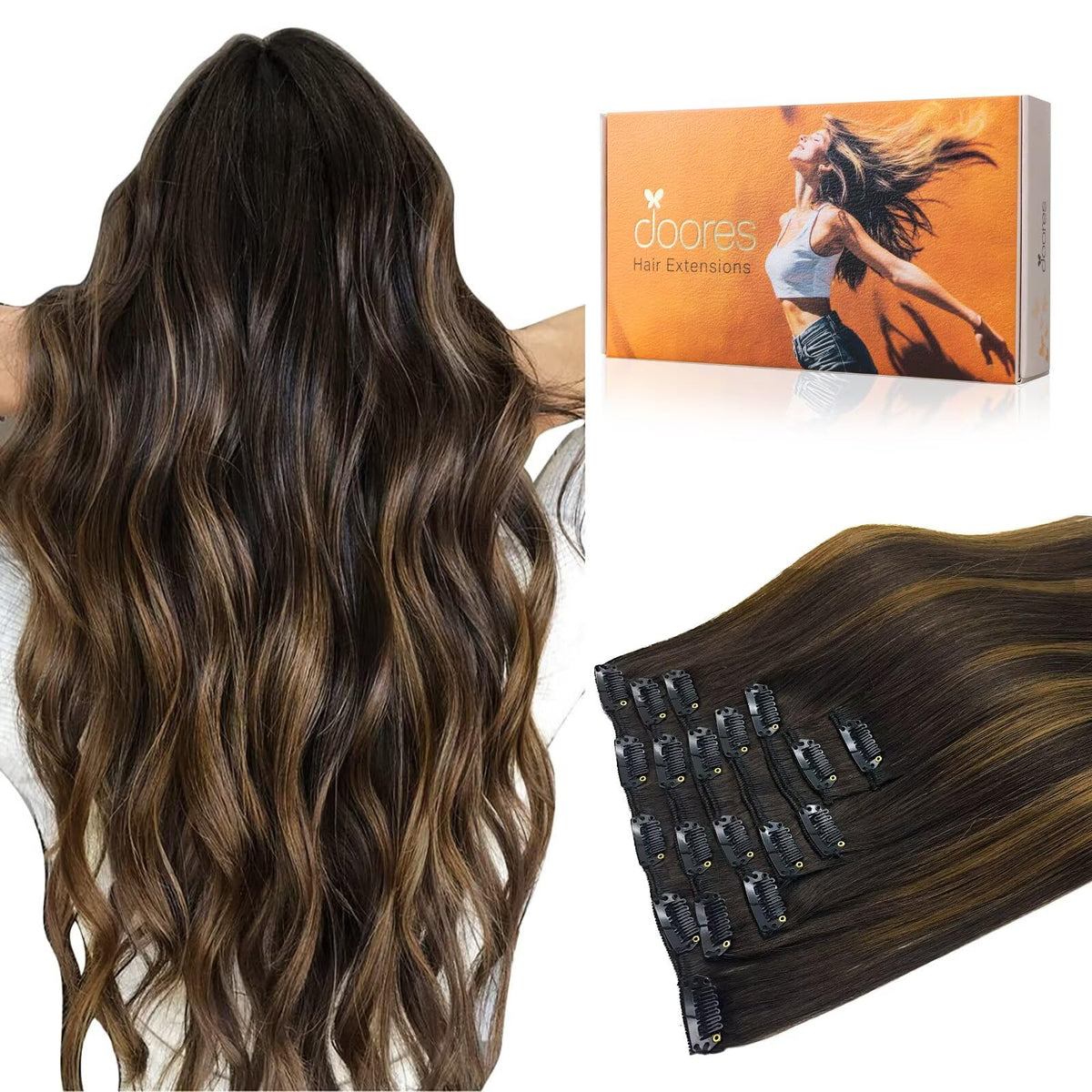 DOORES clip-in hair extensions in balayage dark brown to chestnut blend for effortless length.