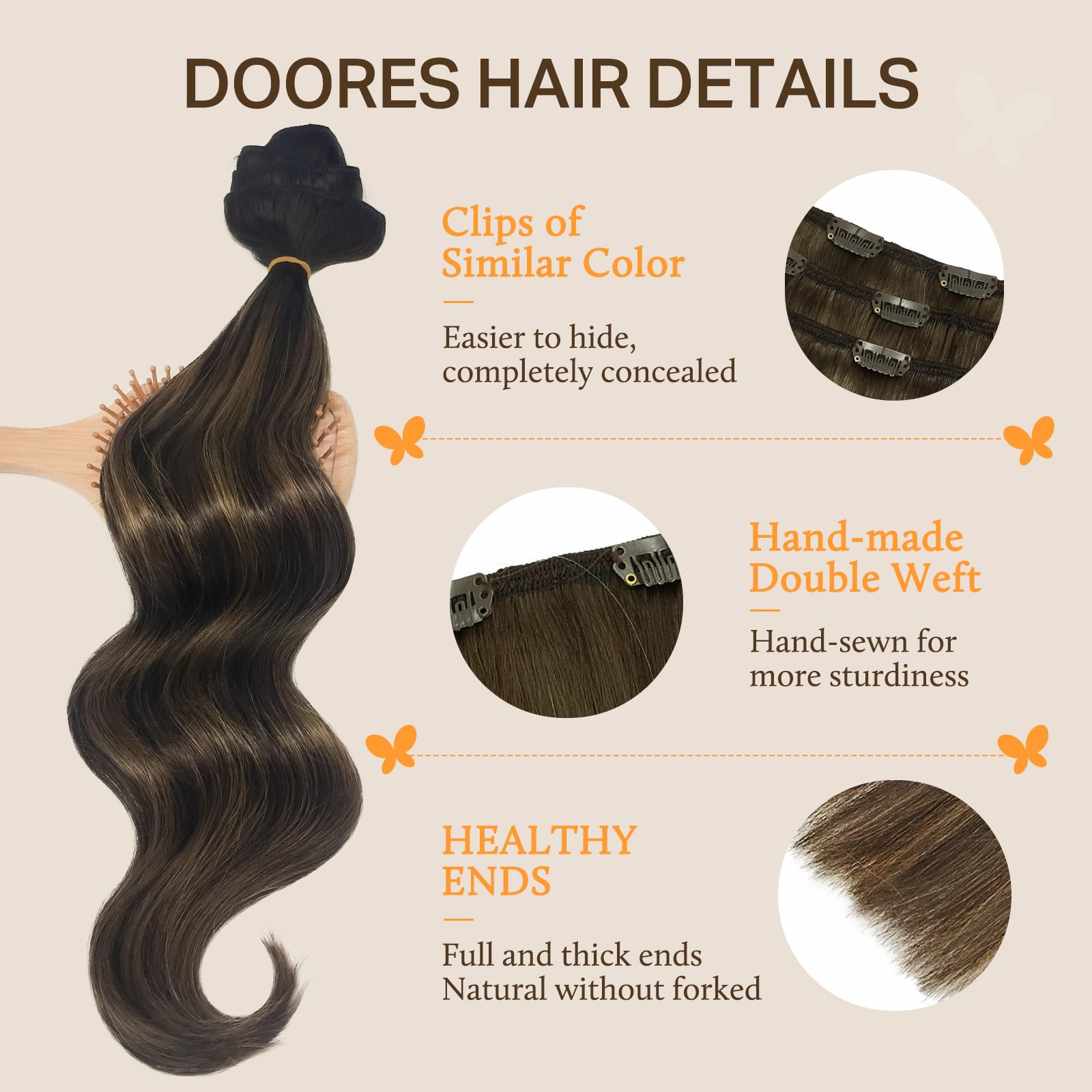DOORES clip-in hair extensions with U-shaped clips ensure secure, comfortable wear.