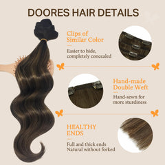 DOORES clip-in hair extensions with U-shaped clips ensure secure, comfortable wear.
