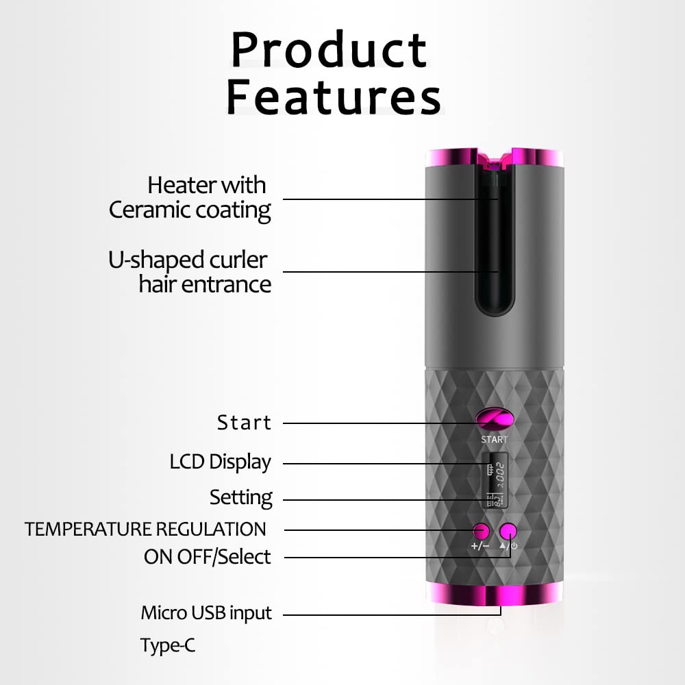 DOORTIAN LED-display cordless hair curler gray side view for precise temp control