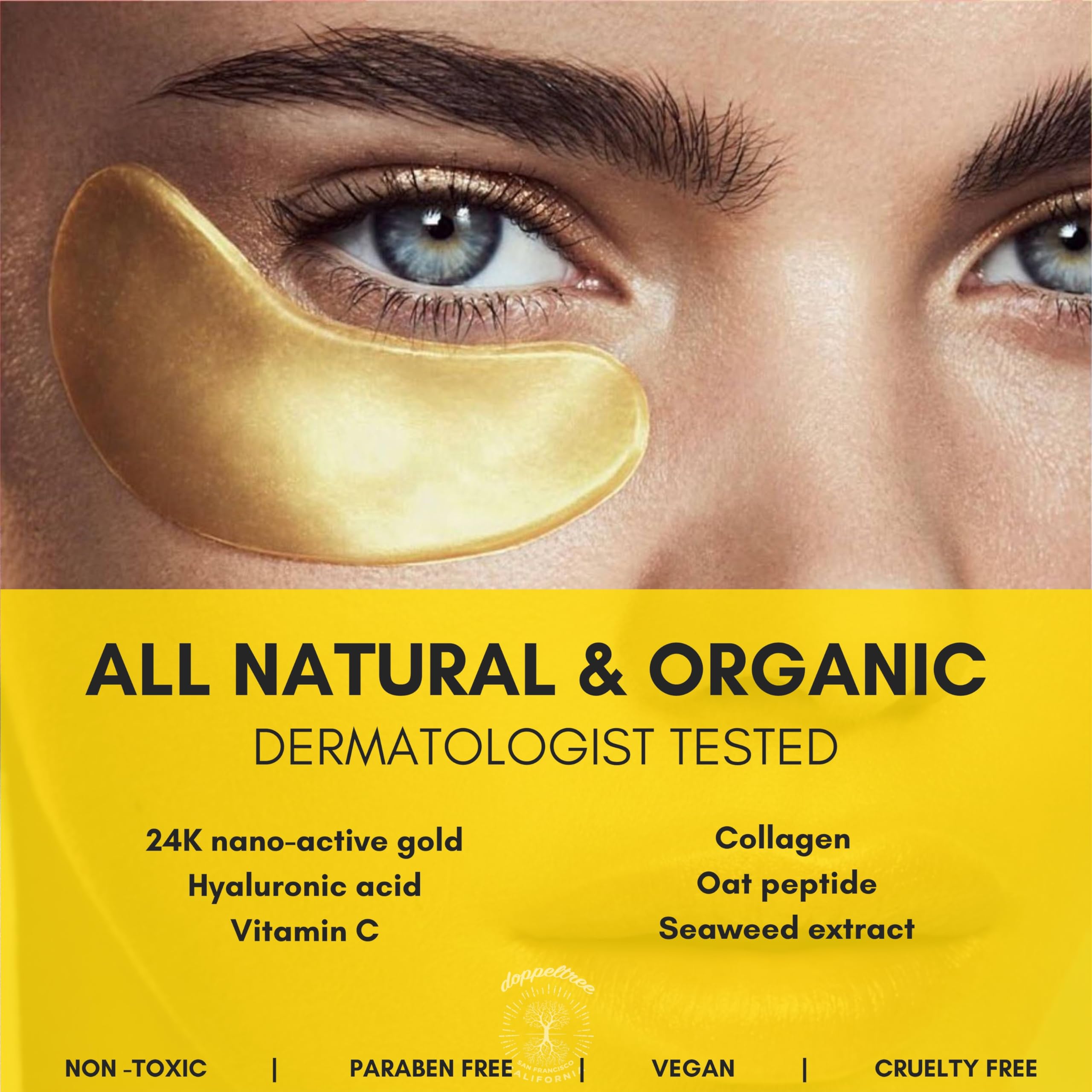 Doppeltree under-eye patches 24K gold closeup suggests luxurious brightening