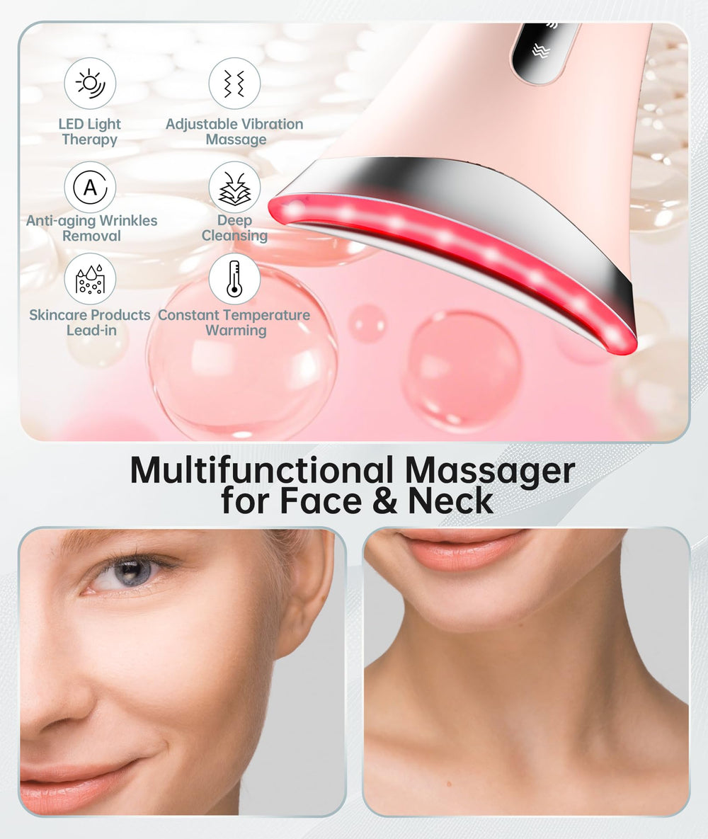 Dopsikn pink device used on face and neck for potential tone improvement