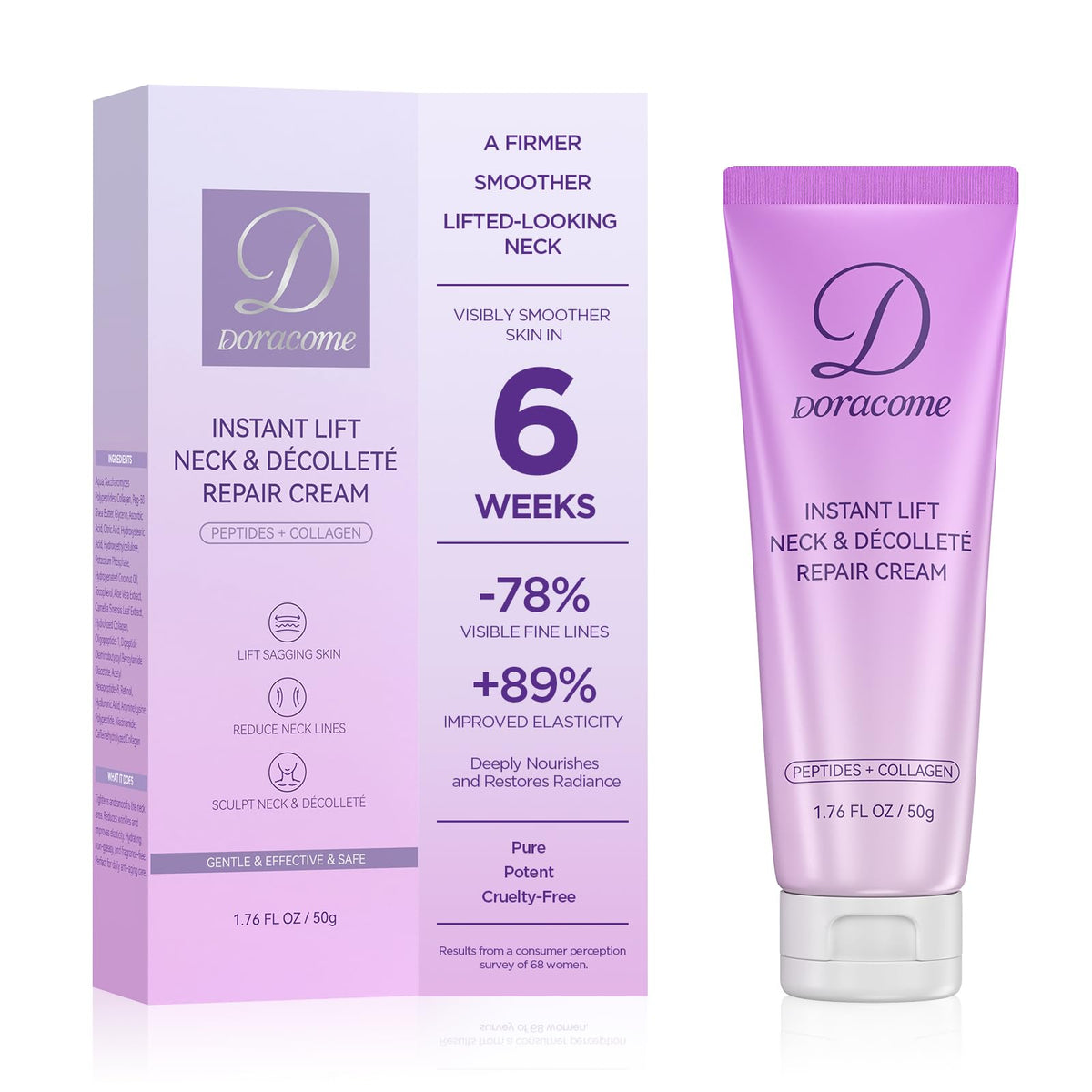 Doracome Retinol Neck Firming Cream bottle closeup highlighting firming benefits