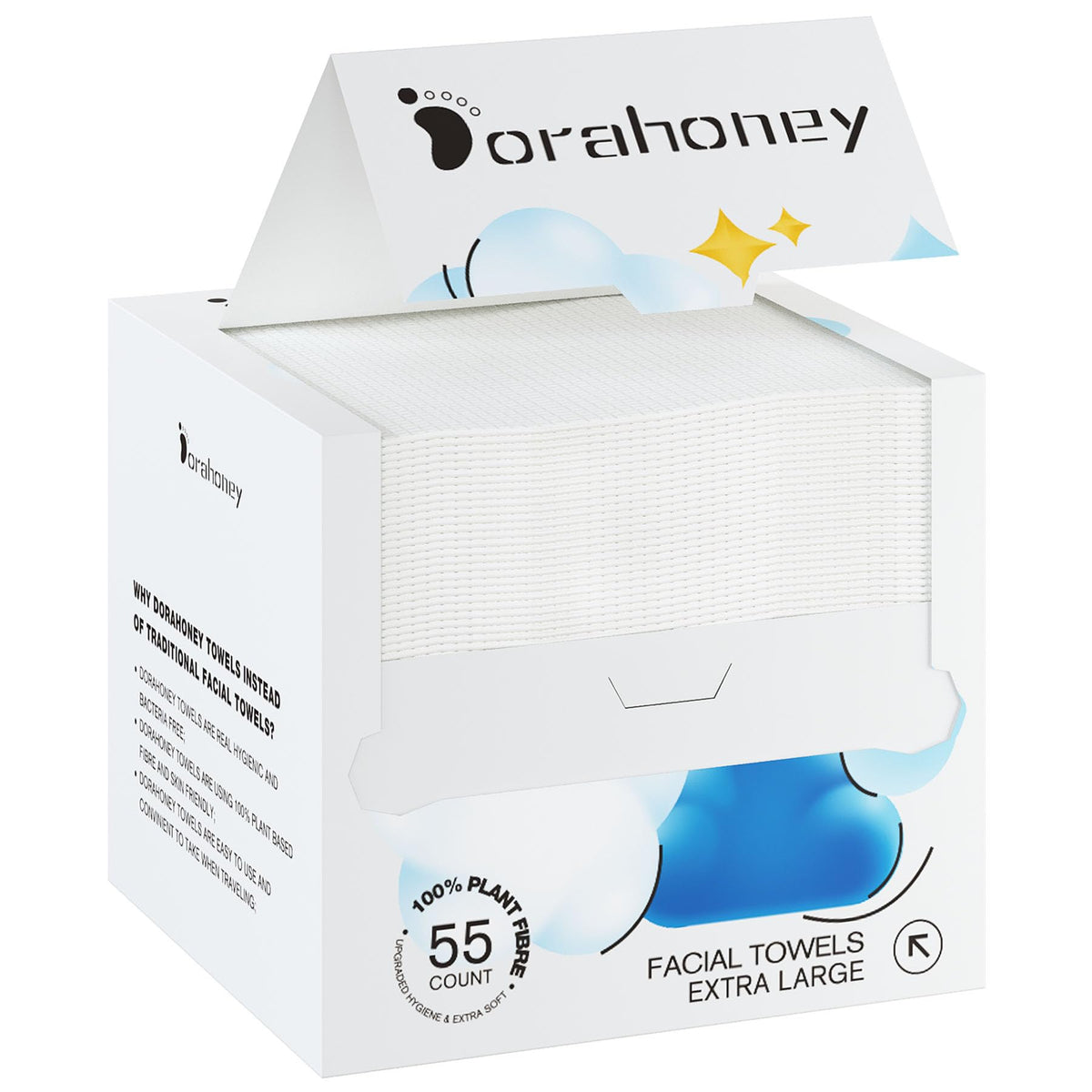 Dorahoney disposable face towels 12x12 ultra-large for gentle cleansing and makeup removal.