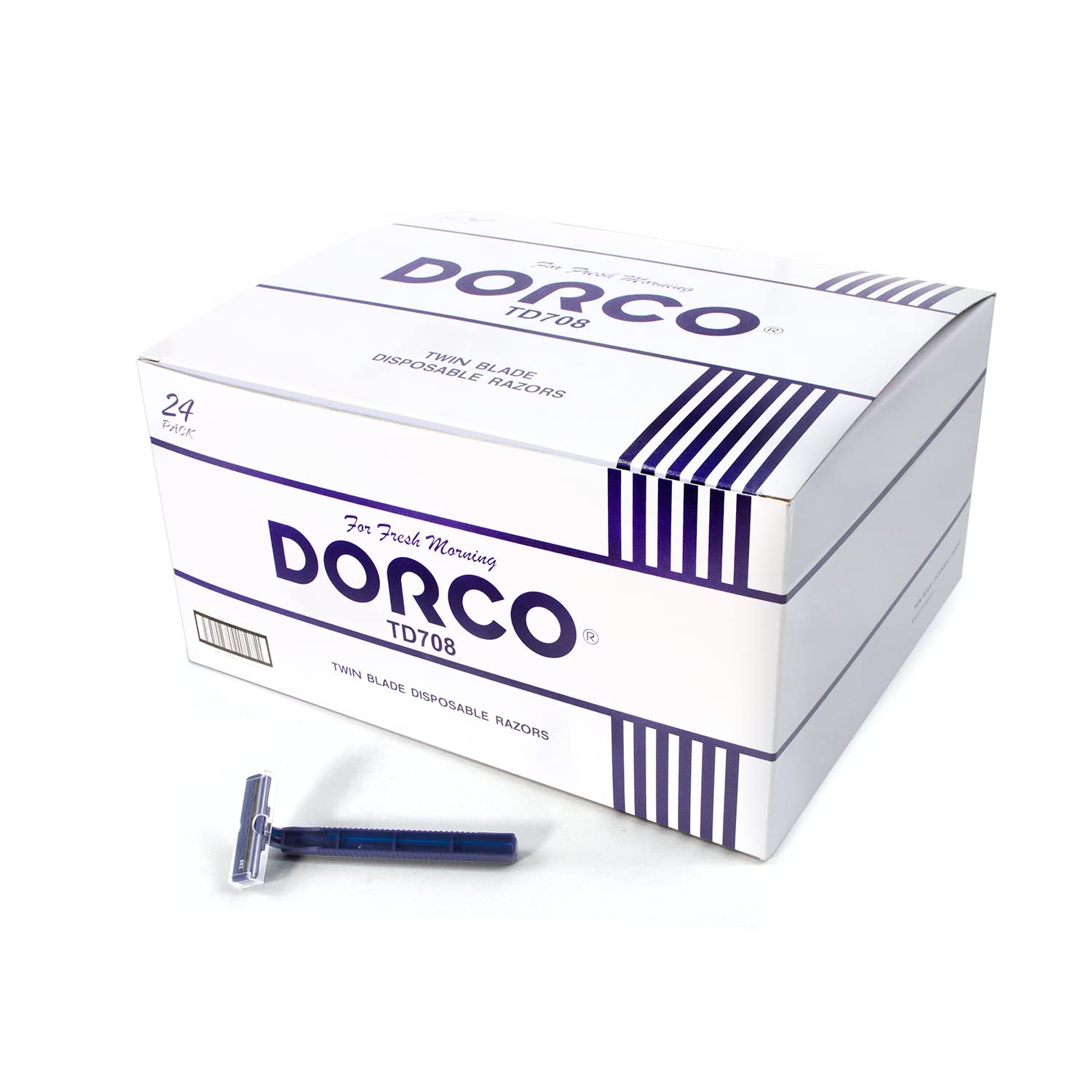 Dorco Fresh twin blade disposable razors box cover—bulk pack keeps grooming convenient on busy days.