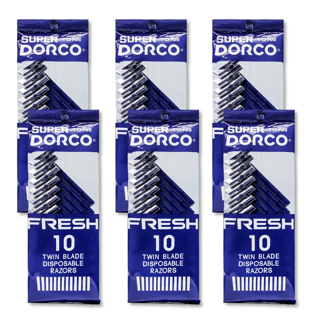 Dorco Fresh twin blade razor in blue with blade cover for travel grooming.