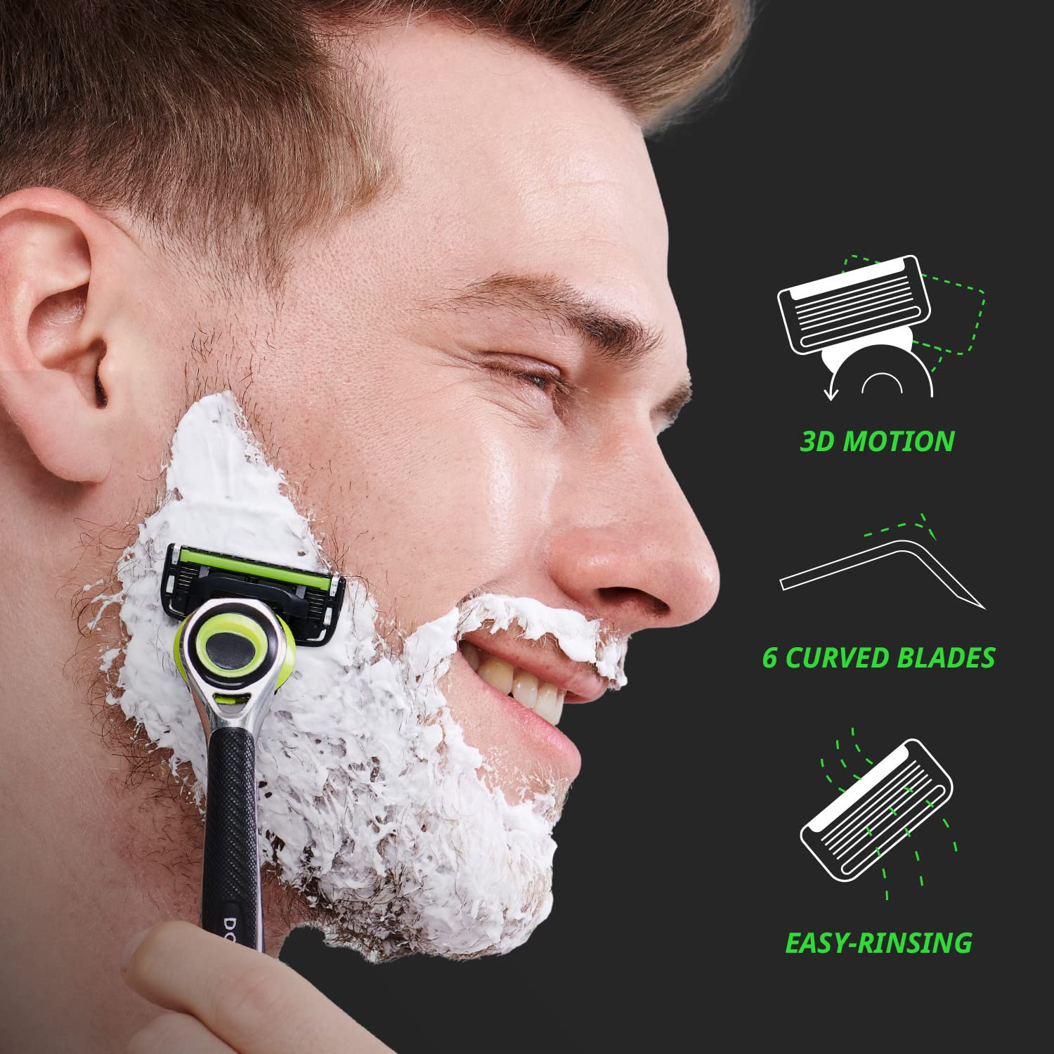Dorco Pace 6 Pro 3D Motion ergonomic grip reduces slipping during shaving.