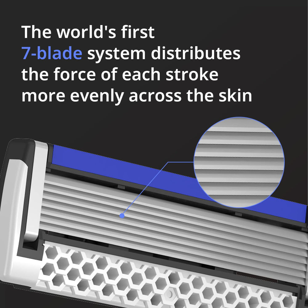 Dorco Pace 7 cartridge pack image illustrating all-day smooth results across hair types